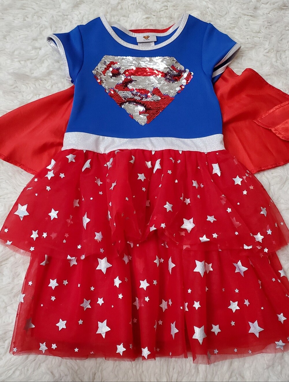 Girls Blue & Red Superhero Sequin Dress with Cape